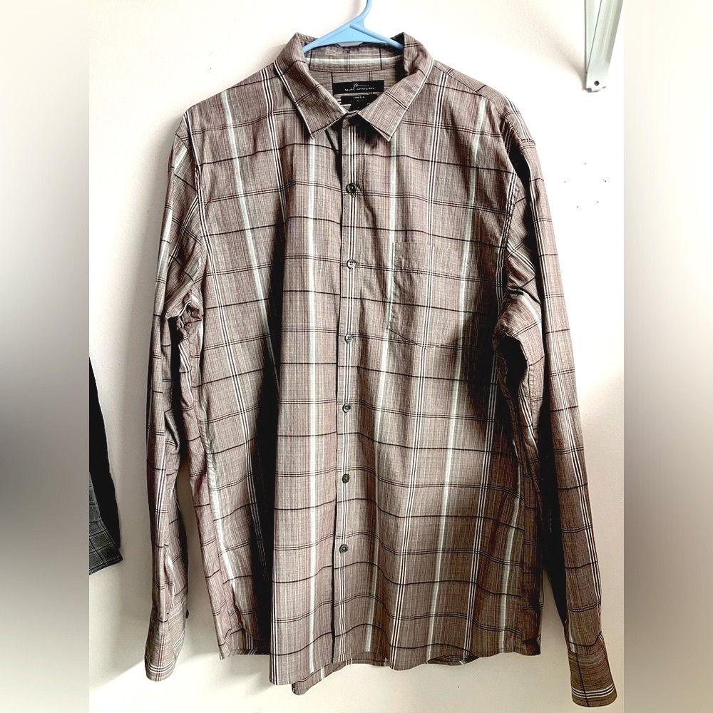 Marc Anthony Men’s Dress Shirt, Large, Slim Fit, Stretch, Plaid, Lt Maroon